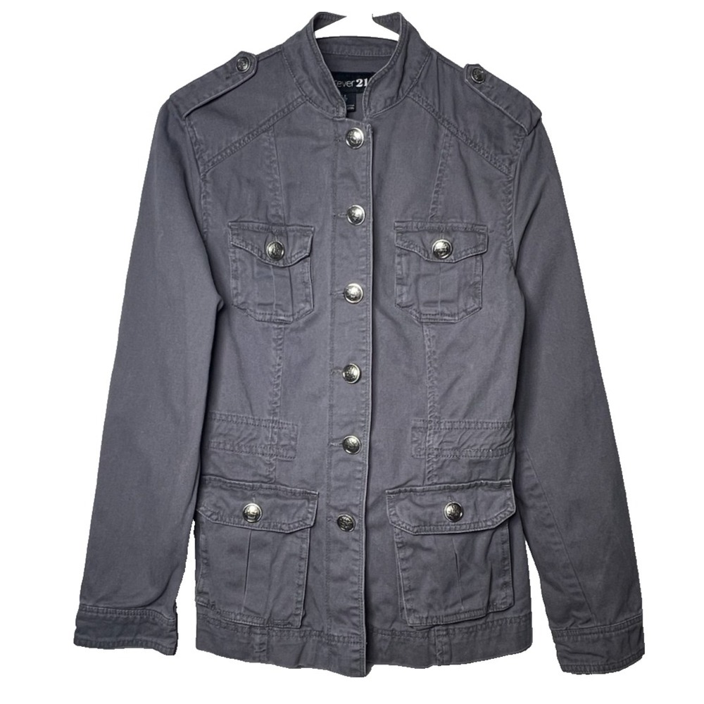 Forever 21 Women's Gray‎ Military Utility Jacket S Button Front Crest Buttons